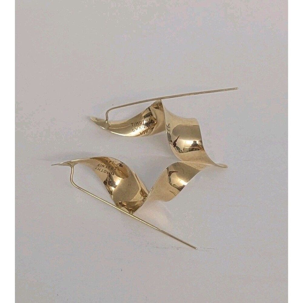 Signed Timothy Grannis 14K Gold Modernist Ribbon Twist Earrings MCM Sculptural - Picture 2 of 8